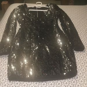 Silver sequins long sleeve v neck dress.